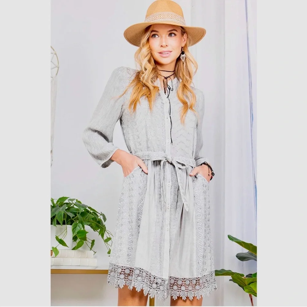 Young Threads Bohemian Baby Doll Button Down Dress in Light Gray Size L NWT - Picture 2 of 14